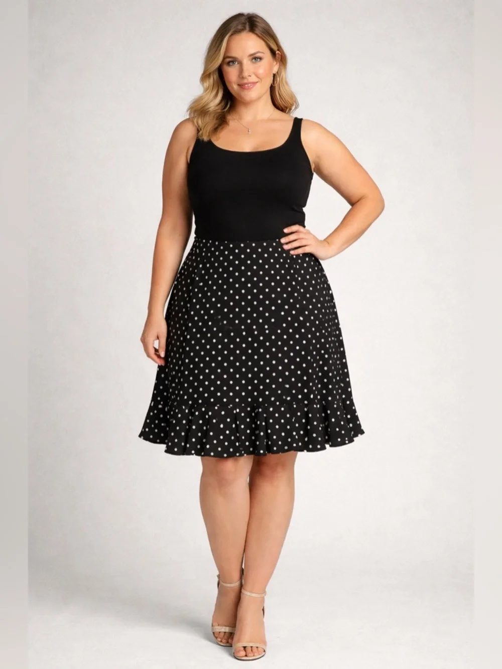 Black & Blue Polka Dot Ruffle Hem Skirt - Women Size 16